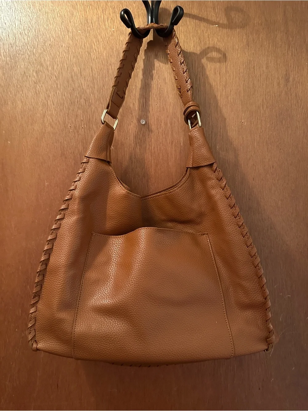 Caramel Tan Leather Hobo Bag with Braided Trim and Tassel
